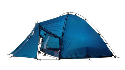 Blue four-person camping tent with two entrances and vestibules © Solene