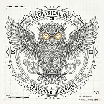 Detailed steampunk owl illustration with mechanical gears and clockwork