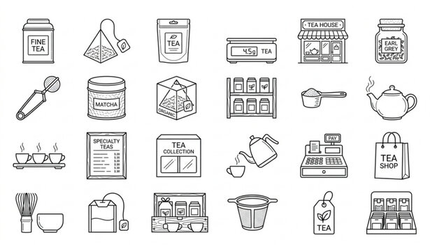 Commercial Tea Packaging and Loose Leaf Pouches Line Art Vector Icons