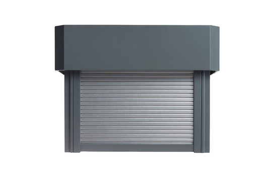 A closed metallic roller shutter door for a shop or garage isolated on a clean white background, for architectural and, security concepts