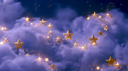 Fototapeta premium Golden stars glow and float through dreamy purple clouds in a fantasy anime night sky.