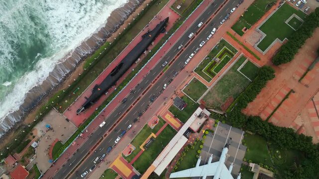 Aerial View of INS Kursura Submarine Museum and RK Beach Road in Visakhapatnam India