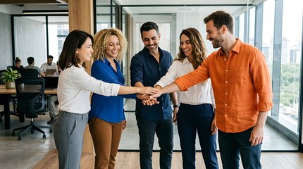 Fototapeta premium Diverse business team celebrating success with a high five in modern office