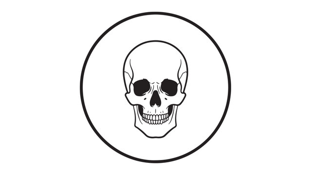 Minimal skull outline icon in dark circular frame, eerie gothic symbol for Halloween design