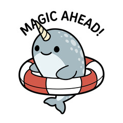 Smiling cartoon narwhal in lifebuoy. © logo