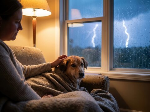 A woman comforts her dog on the sofa during a thunderstorm