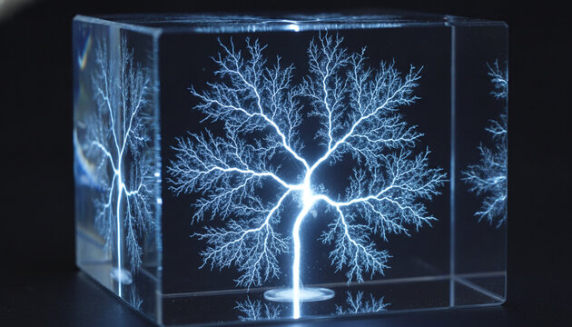 3D Lichtenberg figure frozen electrical discharge inside clear acrylic block
