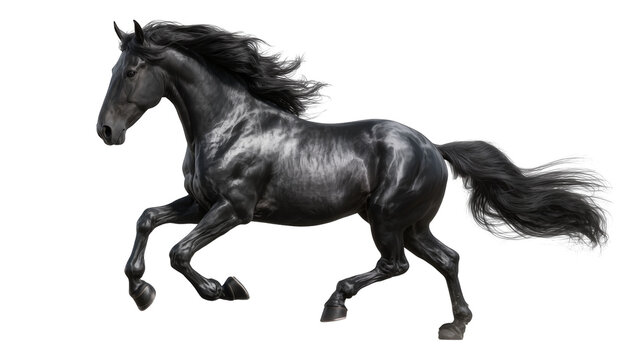Majestic black horse galloping with flowing mane and tail