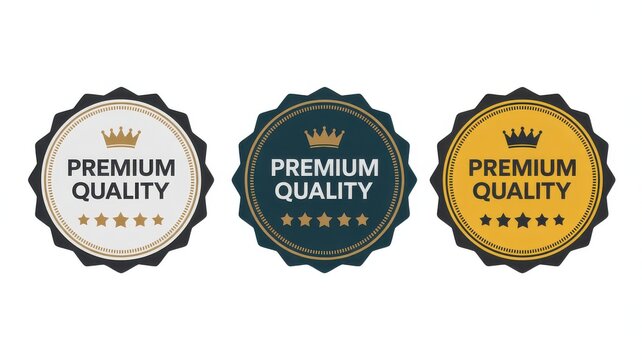 Three premium quality badges isolated on white background