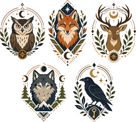 Naklejka premium Decorative Animal Emblem Vector Pack with Owl Fox Deer Wolf and Raven in Ornamental Geometric Designs