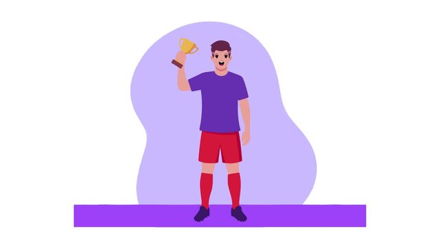Animated flat character of a young man winner holding a gold trophy cup celebrating a victory.