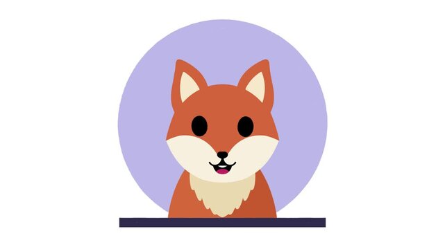 Cute 2D animated orange fox head with ears and a friendly smile in a circle frame for kids content.