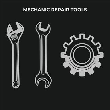 Mechanical repair tools set with an adjustable wrench, double-sided spanner, and cogwheel gear.