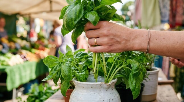 Woman hand holding fresh green basil bunch at local farmers market. Gardener selecting organic aromatic herbs for healthy nutrition and culinary cooking. Sustainable lifestyle concept.