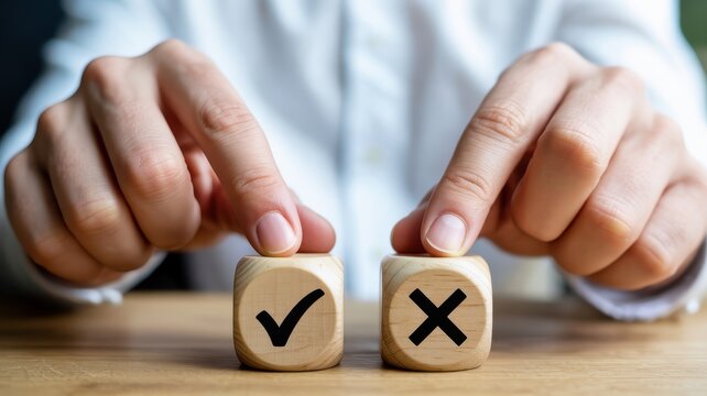 Man's hands pointing at wooden dice with checkmark and cross symbols for decision making concept.