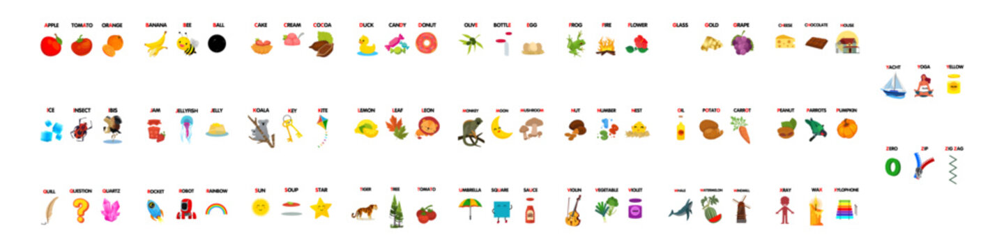 Element for kids book. kids Coloring book. Minimalist Children's Phonics and Alphabet Vocabulary Icon Set
