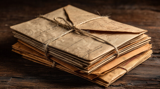 stack of vintage style envelopes tied with string on a wooden table