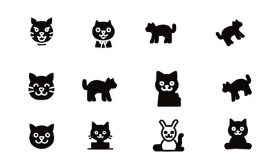 Obraz premium Set of cute cat face and pet character silhouette icons with silhouette character domestic whiskers collection illustration standing headshot