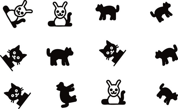 Set of playful cat and rabbit character silhouette icons with silhouette character domestic collection illustration standing expression domesticated