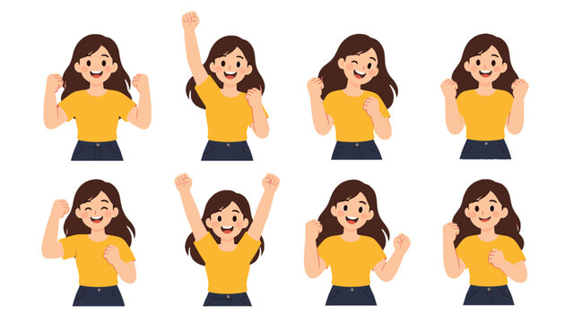 Set of cheerful girl characters with raised fists poses