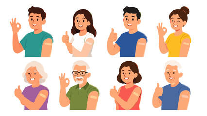Fototapeta premium People showing arm bandages after vaccination in flat style