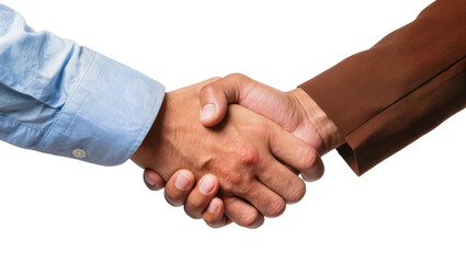 Two men shaking hands one in blue shirt, one in brown suit © Aino