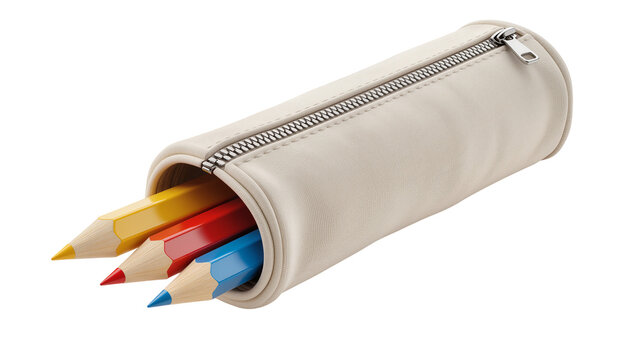 Cream pencil case with yellow red, and blue colored pencils