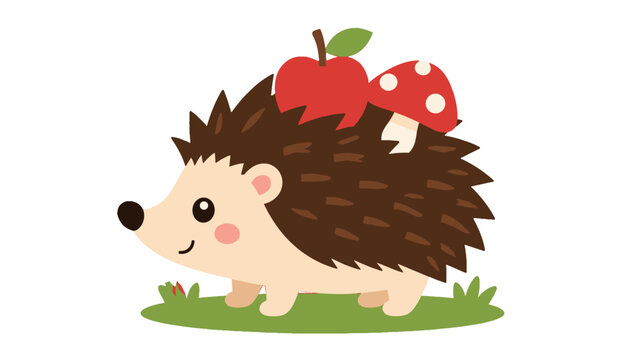 Cute hedgehog with apple and mushroom cartoon vector