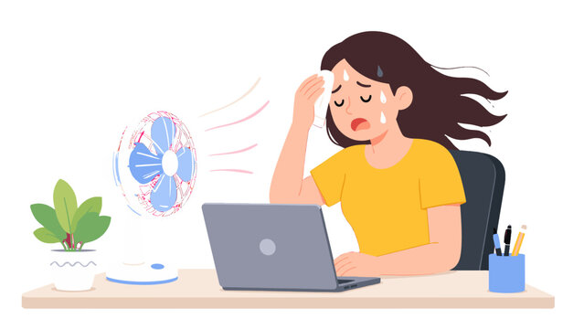 Woman feeling hot at desk with fan and laptop illustration