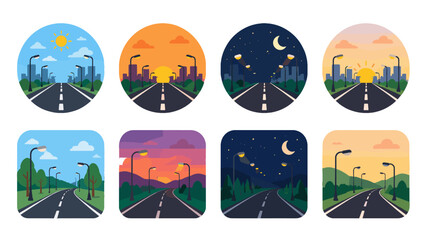 Set of road landscape icons in day sunset and night scenes © icon_art