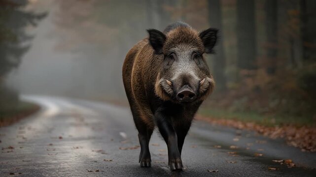 Wild boar standing on a misty forest road surrounded by autumn leaves and trees
