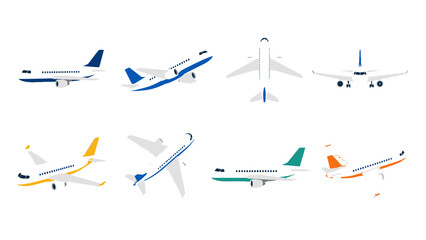 Naklejka na ściany i meble Set of passenger airplane views in clean flat vector style