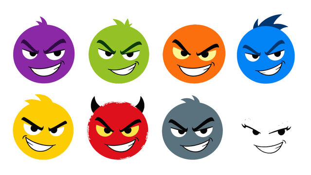 Set of colorful mischievous cartoon emoji faces in vector style