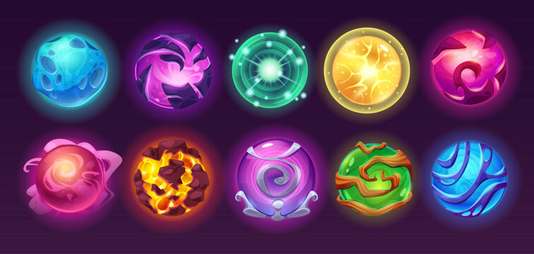 Magic ball with glowing energy sphere and mystical light effects. Crystal orb surrounded by plasma thunder and neon sparkles. Fantasy power element for game design, wizard theme and witchcraft visuals