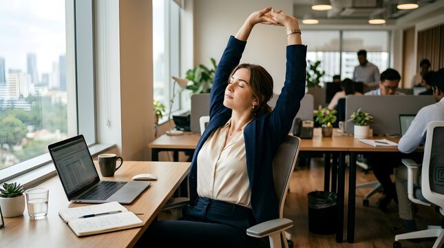 Tired young businesswoman stretching her arms to relieve stress at her office desk
