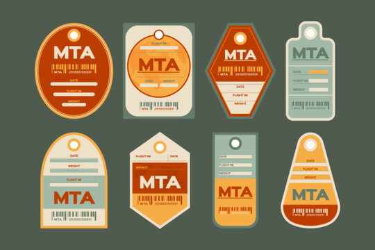 Vintage travel stickers and luggage tags with retro airport stamps. Classic ticket labels, baggage badges and suitcase icons for journey themes. Old style airline plane destination designs.