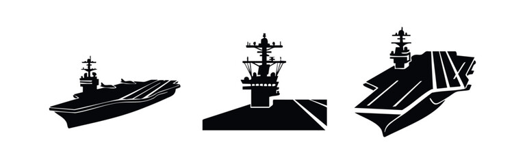 Obraz premium Aircraft Carrier Military Ship Icons - Black Silhouettes of Naval Power