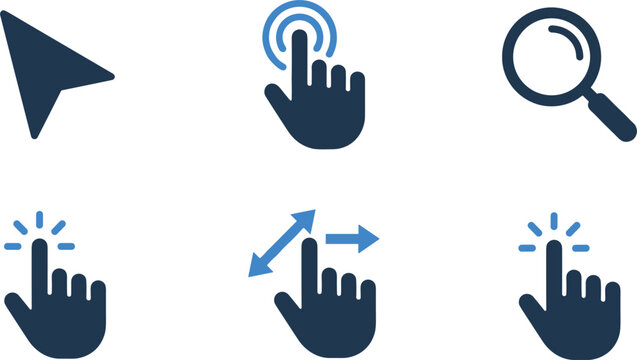 Computer mouse cursor and touch screen hand gestures icon set with pointer click zoom and scroll