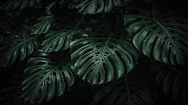 Dark green tropical monstera leaves with water droplets in low light close up nature background