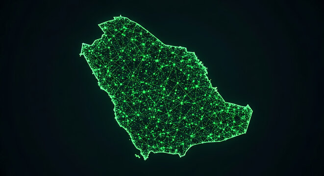 Saudi Arabia digital network map technology background. KSA futuristic abstract green plexus grid country silhouette 3D render banner.