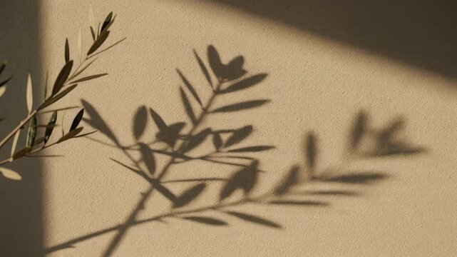 Natural olive tree branch shadow on textured beige wall with soft sunlight and minimalist aesthetic