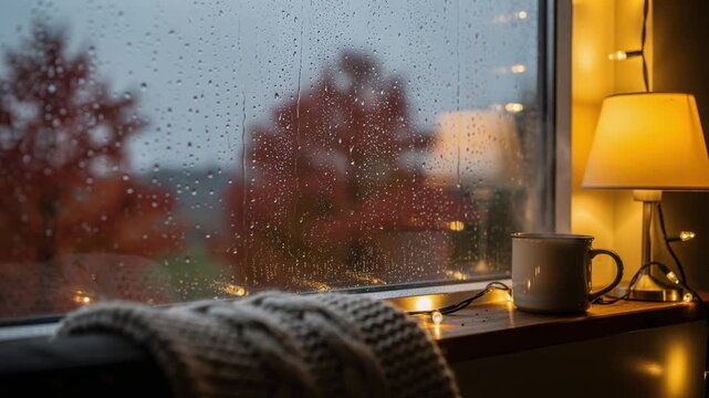 Cozy rainy day by the window with warm lights, knitted blanket, and a cup of coffee in autumn