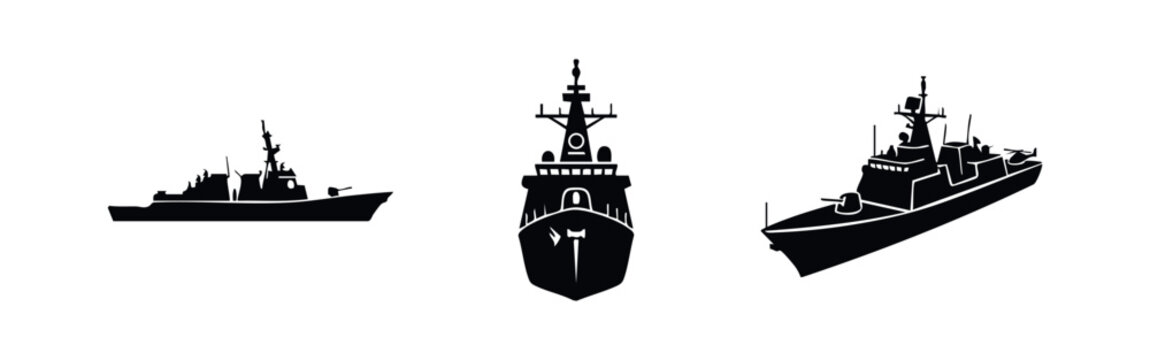 Warship or Frigate Military Boat Icons - Black Silhouettes of Naval Vessels