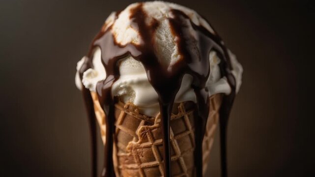 Delicious vanilla ice cream cone with dripping chocolate sauce on a dark background