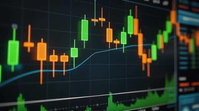 Stock market candlestick chart with green and orange bars showing financial trading data and trends on digital screen