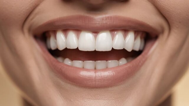 Close up of a bright white smile with healthy teeth and natural lips showing happiness and dental care