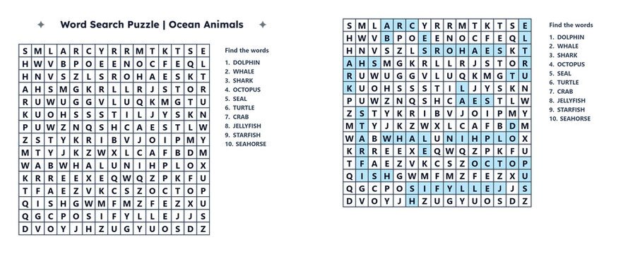 Medium word seek puzzle sheet with ocean animals words and answer key