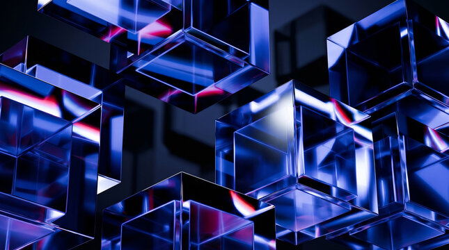 Abstract 3d rendering of multiple shiny blue cubes with pink highlights on dark background