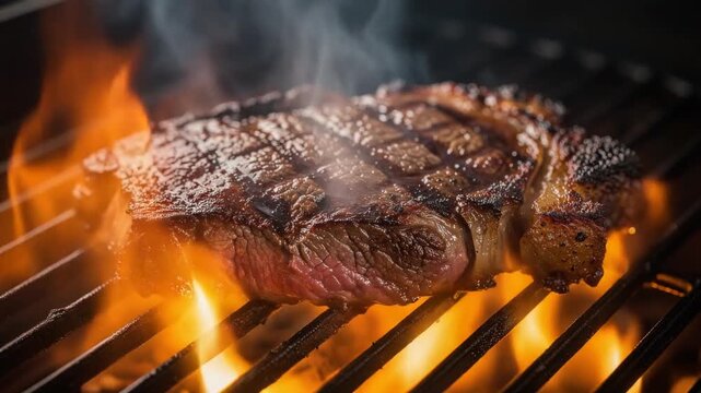 Juicy grilled steak cooking over open flame with smoky charred texture on barbecue grill