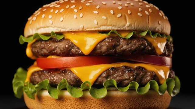 Delicious double cheeseburger with fresh lettuce tomato and melted cheddar cheese in sesame bun